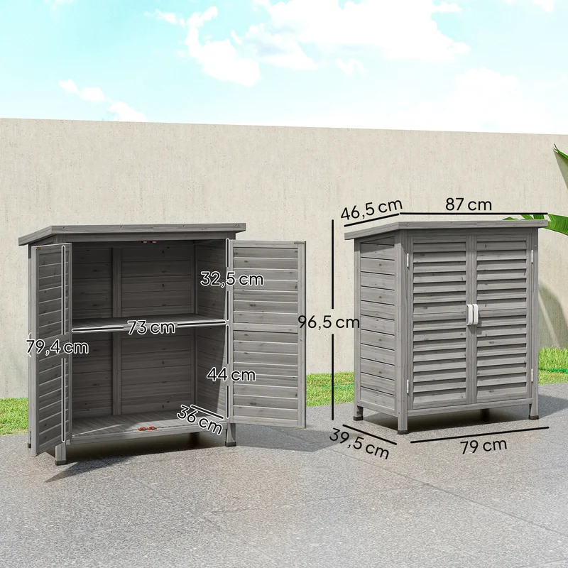 Armoire de jardin pour outils portes persiennes 87 x 46,5 x 96,5 cm étagère toit bitumé style rustique en bois gris 21_0004129