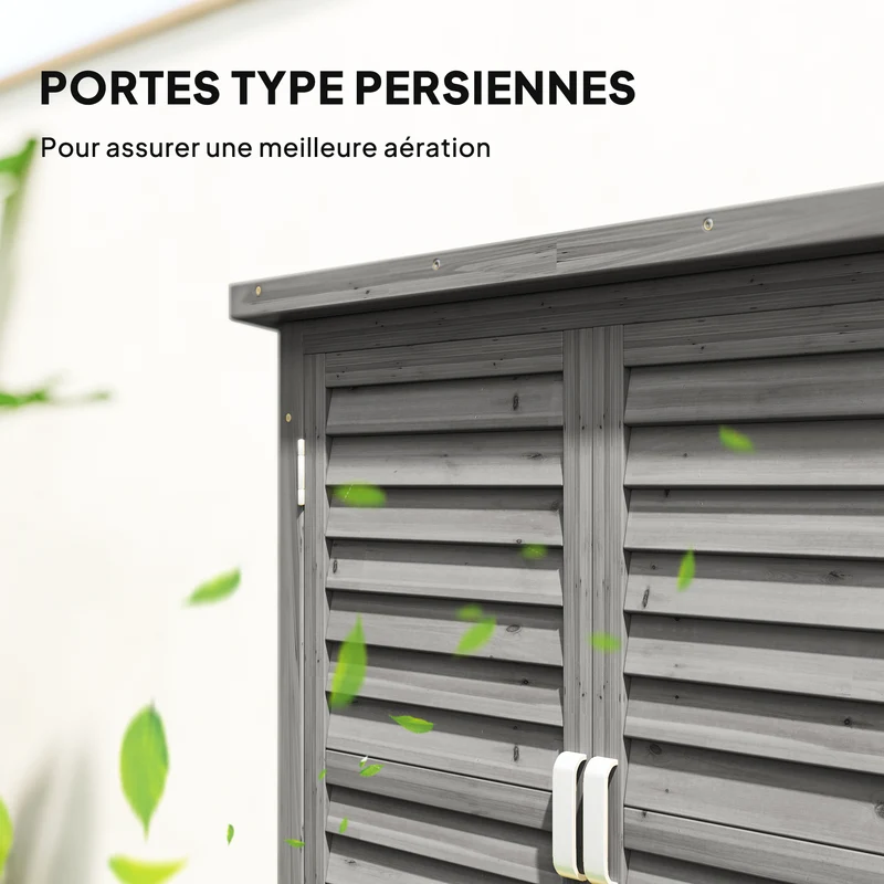 Armoire de jardin pour outils portes persiennes 87 x 46,5 x 96,5 cm étagère toit bitumé style rustique en bois gris 21_0004129
