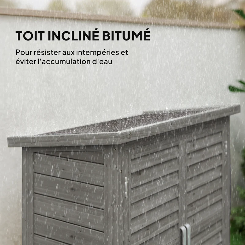 Armoire de jardin pour outils portes persiennes 87 x 46,5 x 96,5 cm étagère toit bitumé style rustique en bois gris 21_0004129