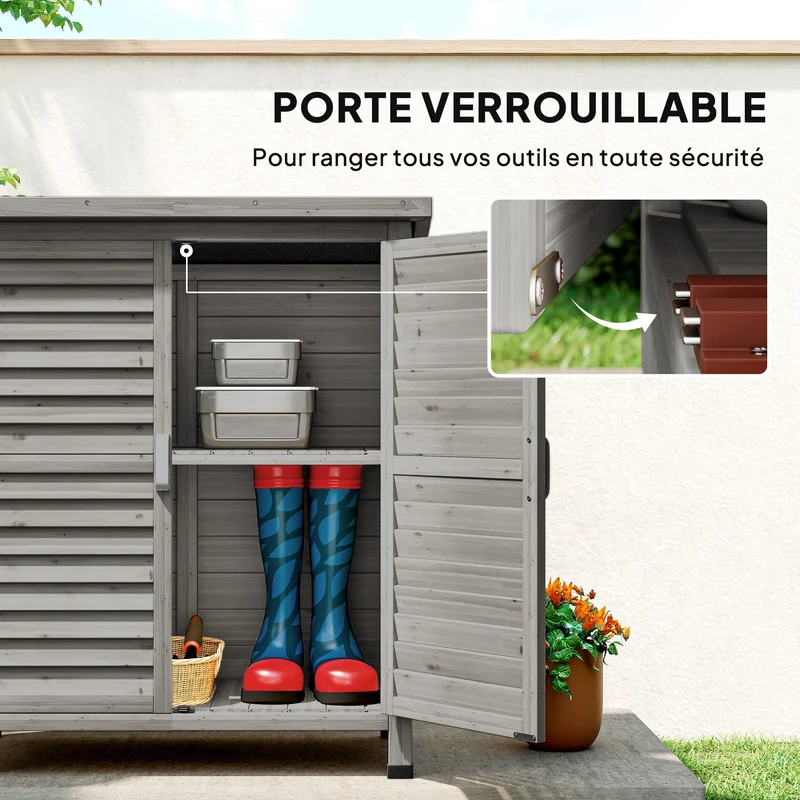 Armoire de jardin pour outils portes persiennes 87 x 46,5 x 96,5 cm étagère toit bitumé style rustique en bois gris 21_0004129