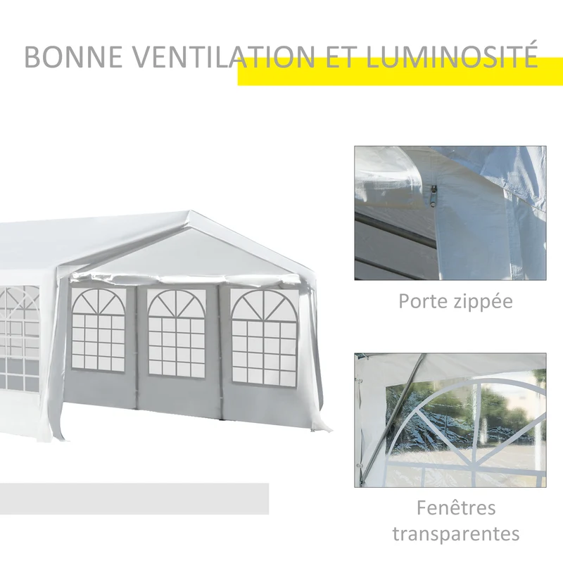 Tente tonnelle de réception 7.98 x 3.92 x 2.8 m imperméable anti uv montage rapide contemporain jardin en acier blanc 21_0004725