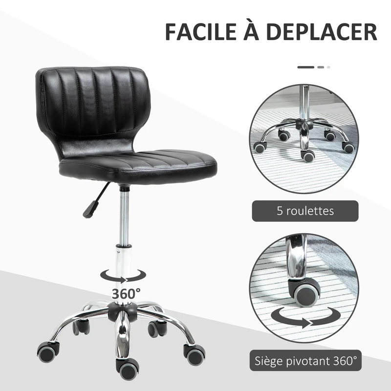 Tabouret pivotant pour cabinet 45 x 47 x 72-87 cm hauteur réglable 47-62 cm assise matelassée moderne design en PU noir 21_0000776