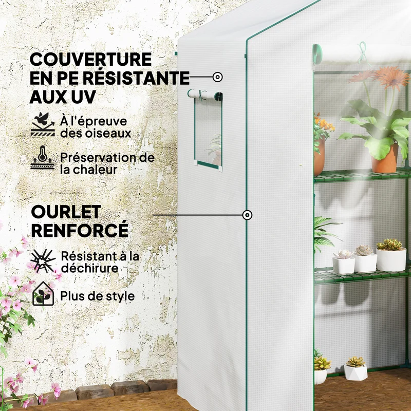 Serre de jardin pour plantes 140 x 73 x 190 cm protection uv étagères ajustables contemporain en polyéthylène blanc 21_0004342
