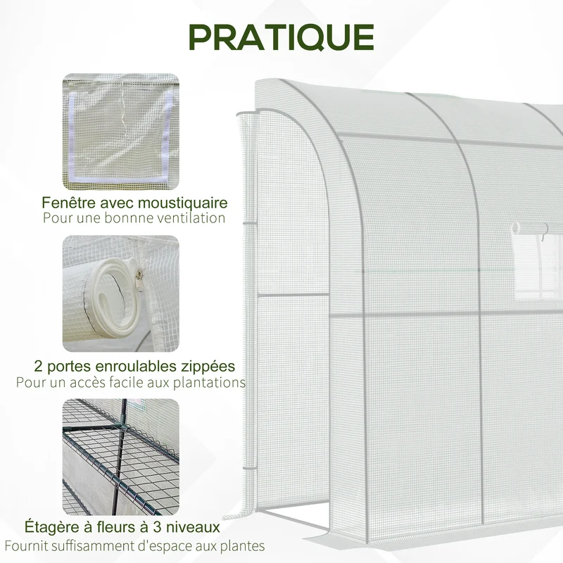 Serre de jardin 4 étagères 200 x 100 x 215 cm protection météo portes zippées avec fenêtre moderne en polyéthylène blanc 21_0004137