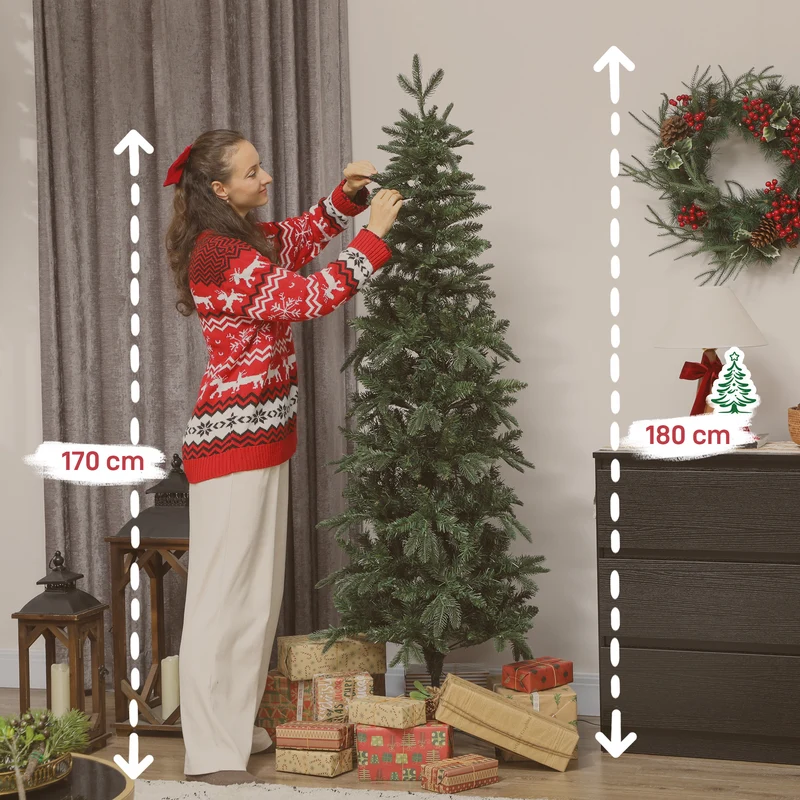 Sapin de noël élancé alpin 60 x 180 cm 200 lumières blanc chaud 8 modes 605 pointes classique décoratif en plastique vert 21_0003694