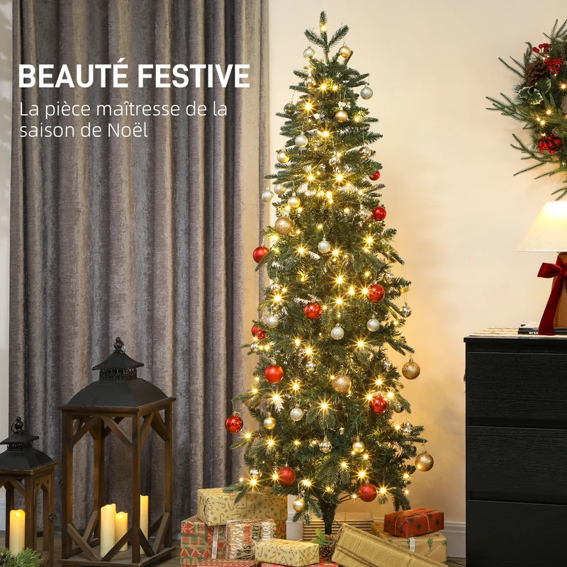 Sapin de noël élancé alpin 60 x 180 cm 200 lumières blanc chaud 8 modes 605 pointes classique décoratif en plastique vert 21_0003694