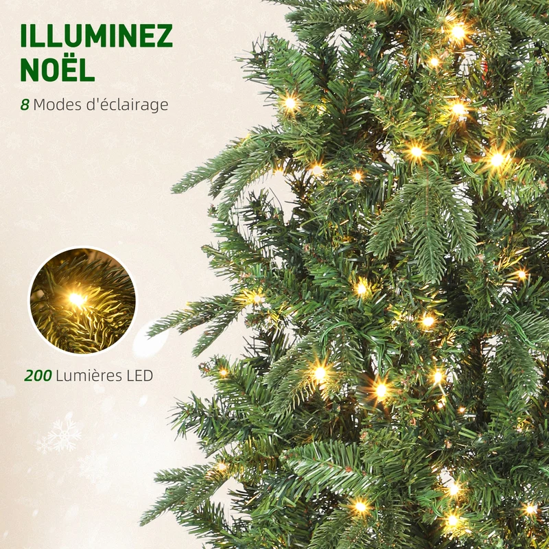 Sapin de noël élancé alpin 60 x 180 cm 200 lumières blanc chaud 8 modes 605 pointes classique décoratif en plastique vert 21_0003694