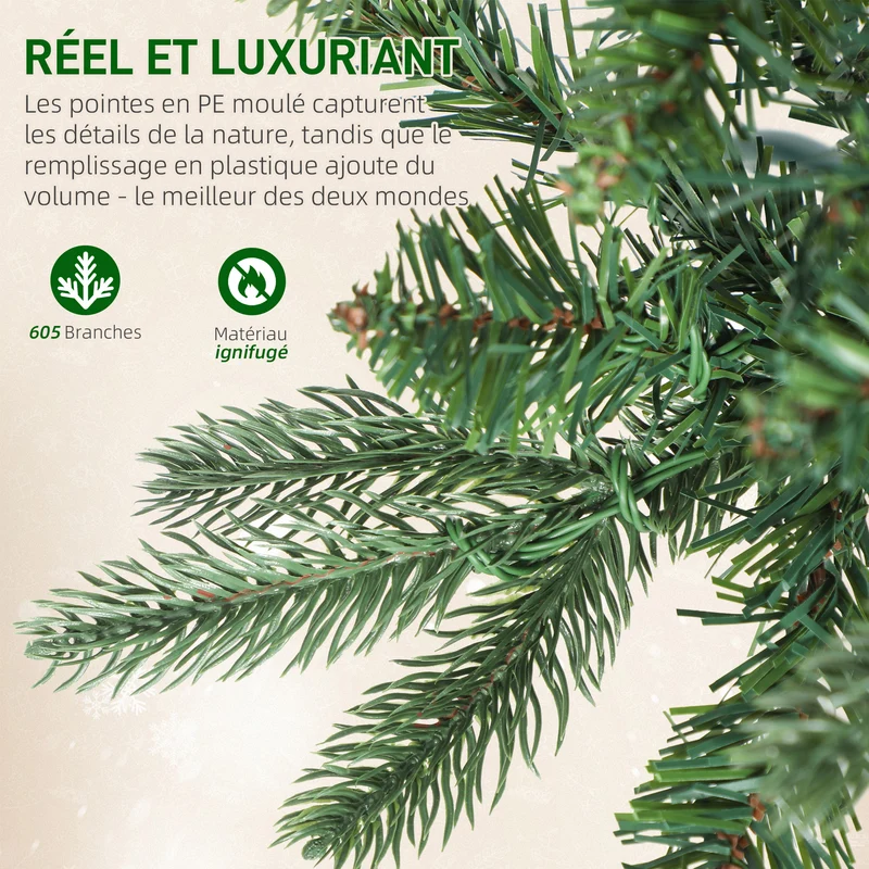 Sapin de noël élancé alpin 60 x 180 cm 200 lumières blanc chaud 8 modes 605 pointes classique décoratif en plastique vert 21_0003694