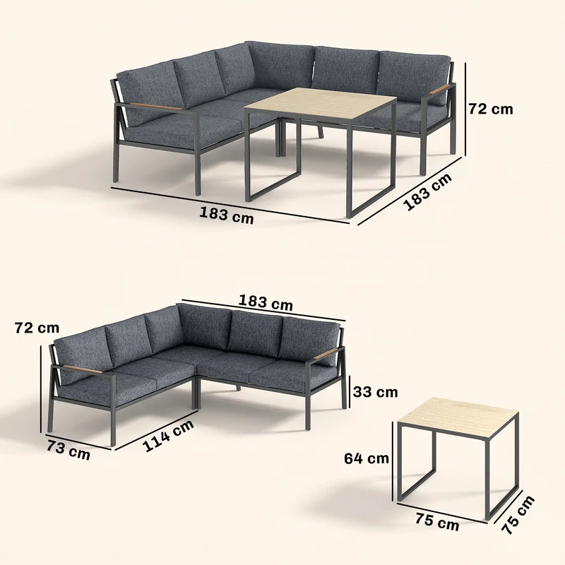 Salon de jardin en l 183 x 183 x 72 cm coussins épais 8 cm dossier 10 cm structure stable moderne en métal gris foncé 21_0005717