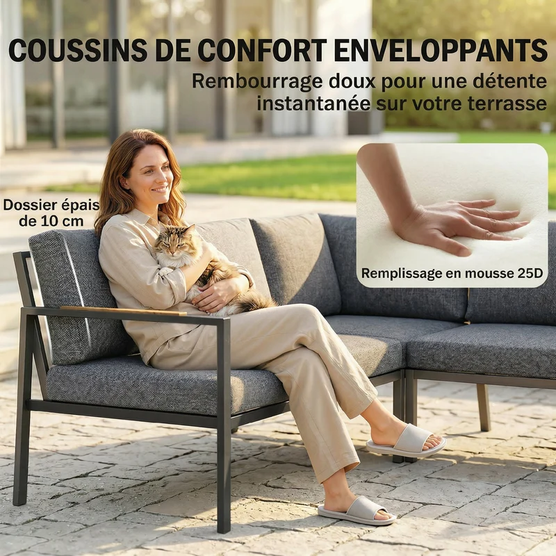 Salon de jardin en l 183 x 183 x 72 cm coussins épais 8 cm dossier 10 cm structure stable moderne en métal gris foncé 21_0005717