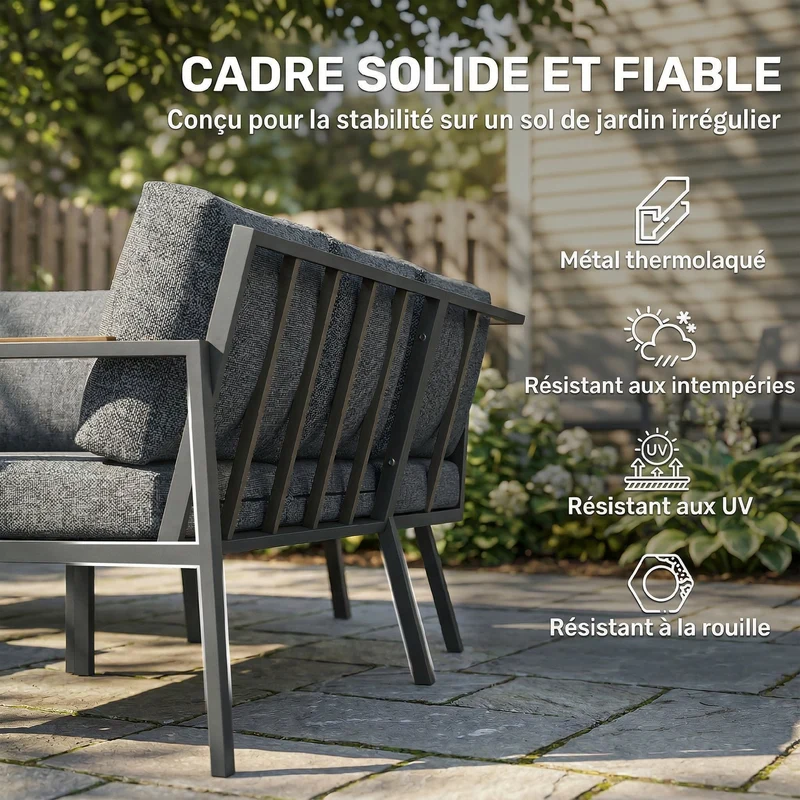 Salon de jardin en l 183 x 183 x 72 cm coussins épais 8 cm dossier 10 cm structure stable moderne en métal gris foncé 21_0005717