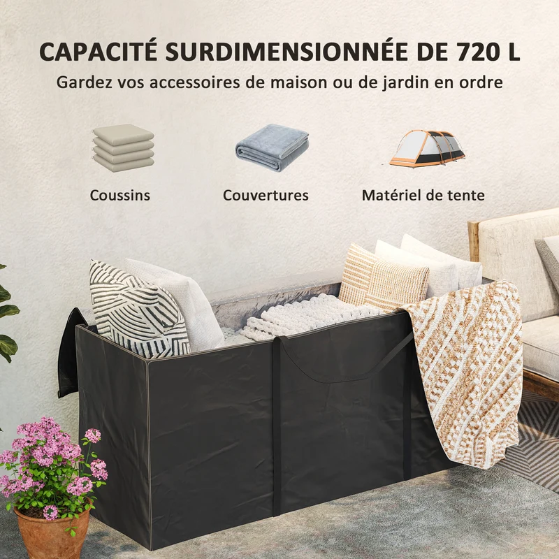 Sac de rangement pour coussins de jardin 175 x 55 x 75 cm imperméable anti uv pliable moderne en tissu oxford 600d noir 21_0005343