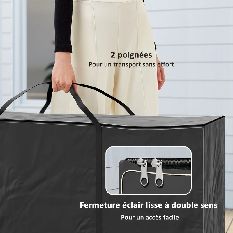 Sac de rangement pour coussins de jardin 175 x 55 x 75 cm imperméable anti uv pliable moderne en tissu oxford 600d noir 21_0005343