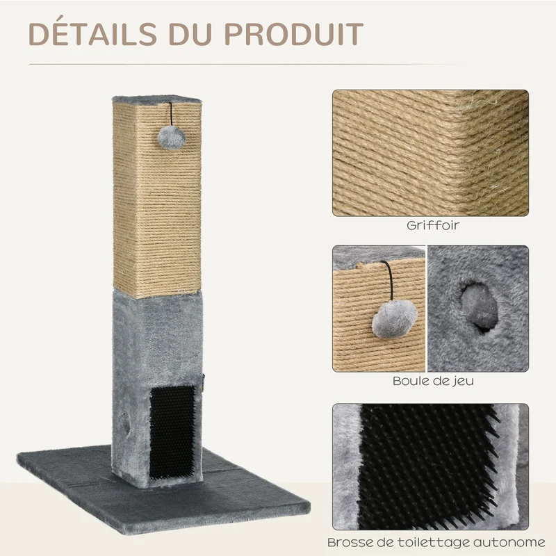 Poteau à gratter pour chat 59,5 x 39 x 79 cm balle clochette protège meuble design contemporain salon en jute beige 21_0007665