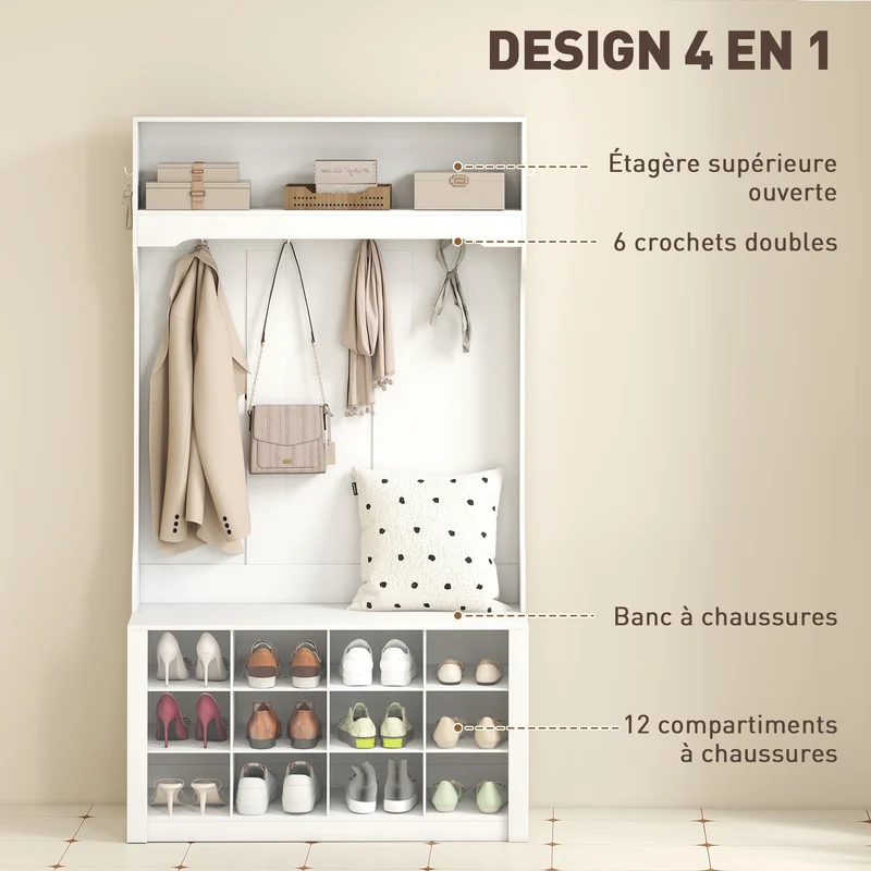 Porte-manteau d'entrée avec banc 100 x 35 x 172,2 cm 12 compartiments 6 crochets siège 120 kg classique en MDF blanc 21_0002779