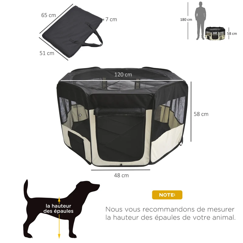 Parc enclos pliable octogonal pour chien et chat 120 x 58 cm coussin imperméable amovible léger moderne en tissu noir 21_0007597
