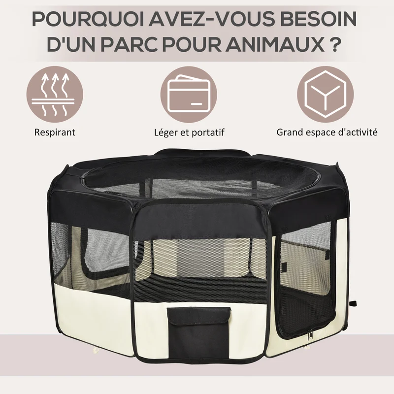 Parc enclos pliable octogonal pour chien et chat 120 x 58 cm coussin imperméable amovible léger moderne en tissu noir 21_0007597