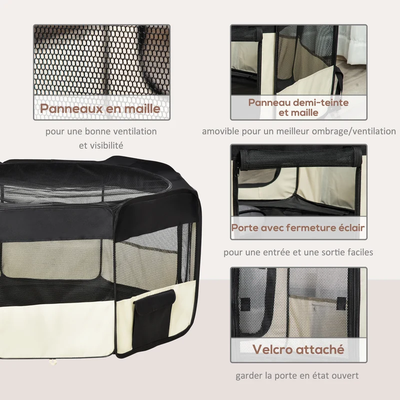 Parc enclos pliable octogonal pour chien et chat 120 x 58 cm coussin imperméable amovible léger moderne en tissu noir 21_0007597