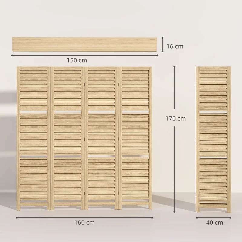Paravent intérieur 4 panneaux 160 x 1,9 x 170 cm séparateur pliable trois étagères scandinave épuré en bois naturel 21_0001226