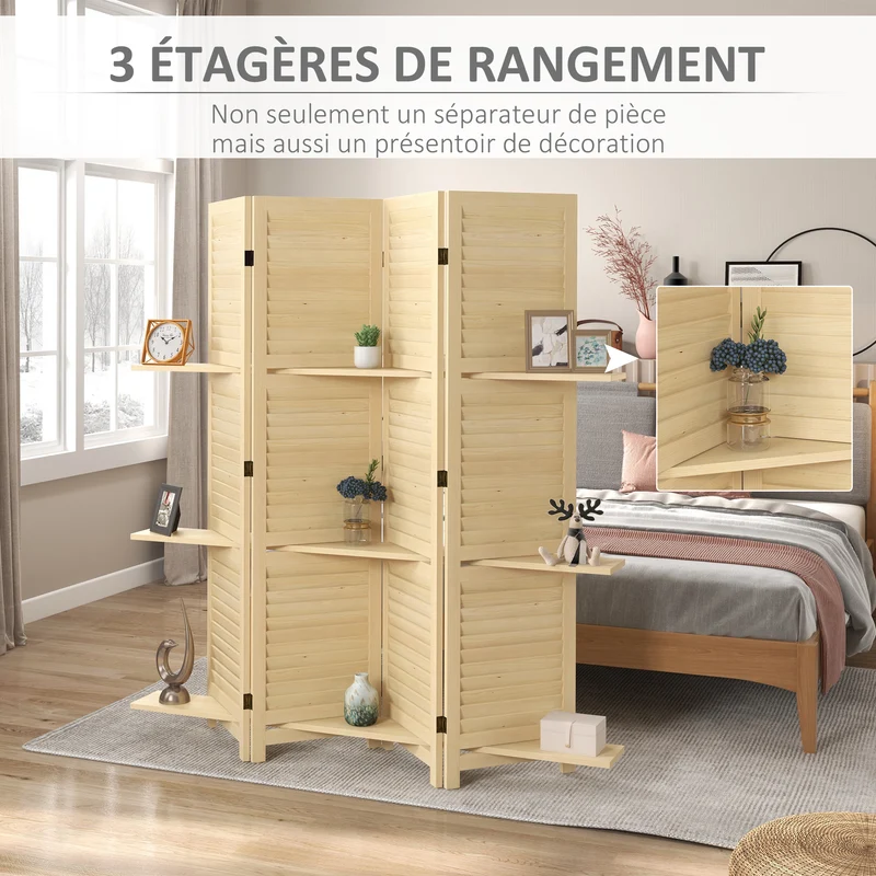 Paravent intérieur 4 panneaux 160 x 1,9 x 170 cm séparateur pliable trois étagères scandinave épuré en bois naturel 21_0001226