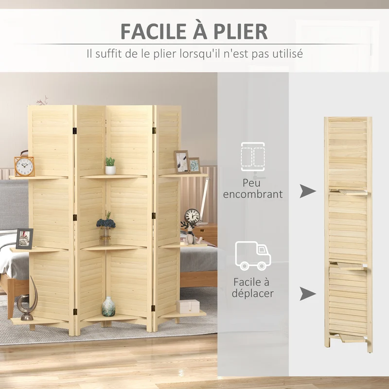 Paravent intérieur 4 panneaux 160 x 1,9 x 170 cm séparateur pliable trois étagères scandinave épuré en bois naturel 21_0001226