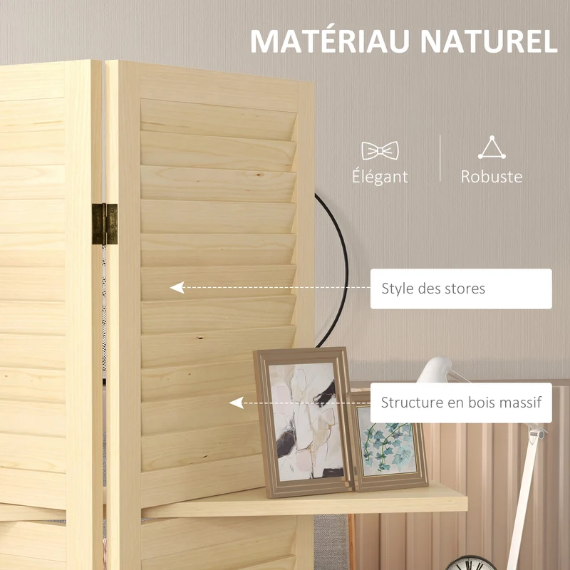 Paravent intérieur 4 panneaux 160 x 1,9 x 170 cm séparateur pliable trois étagères scandinave épuré en bois naturel 21_0001226