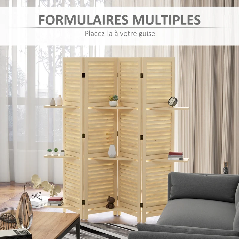 Paravent intérieur 4 panneaux 160 x 1,9 x 170 cm séparateur pliable trois étagères scandinave épuré en bois naturel 21_0001226