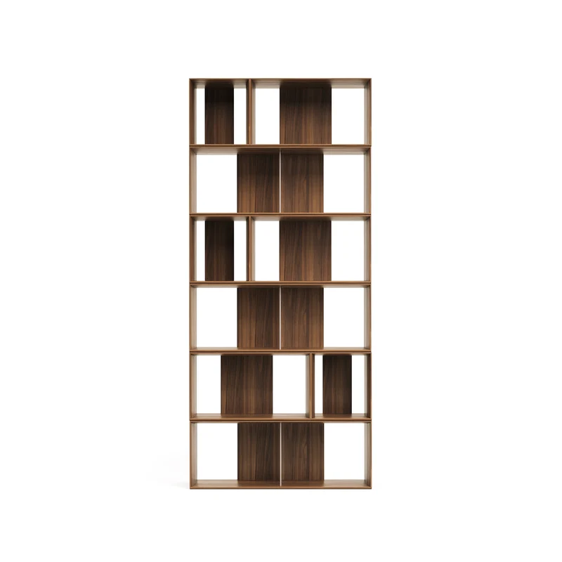 Litto set of 9 modular shelving units in walnut wood veneer, 202 x 114 cm