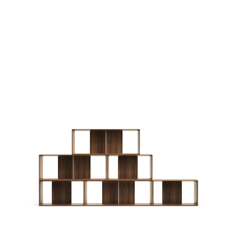 Litto set of 6 modular shelving units in walnut wood veneer, 168 x 114 cm