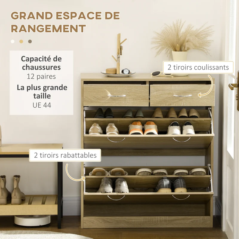 Meuble à chaussures entrée 80 x 30 x 91,5 cm rangement modulable pratique tiroirs contemporain épuré en mélaminé naturel 21_0002656