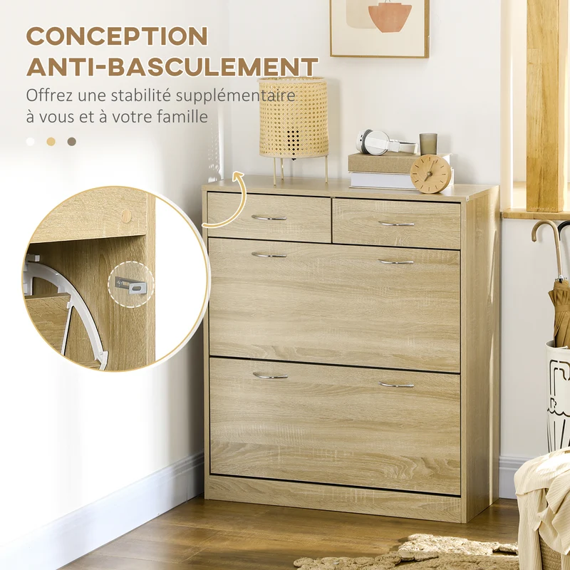 Meuble à chaussures entrée 80 x 30 x 91,5 cm rangement modulable pratique tiroirs contemporain épuré en mélaminé naturel 21_0002656