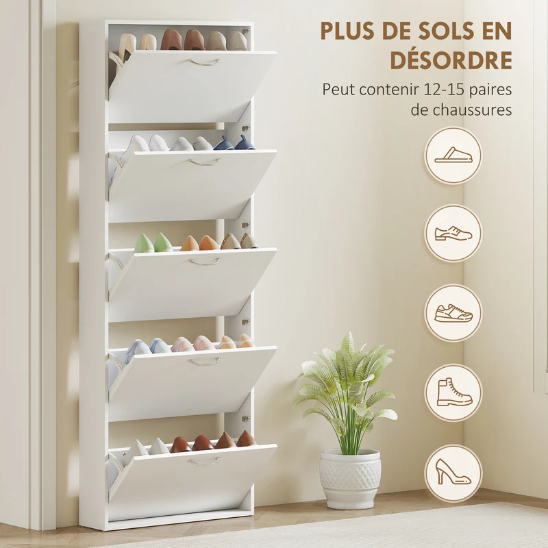 Meuble à chaussures entrée 65 x 17 x 180.5 cm 15 paires anti basculement optimisé moderne en panneau de particules blanc 21_0002783