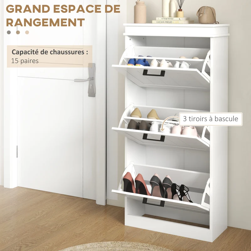 Meuble à chaussures entrée 54 x 24 x 117,5 cm 3 portes anti basculement gain de place épuré design moderne en MDF blanc 21_0002694