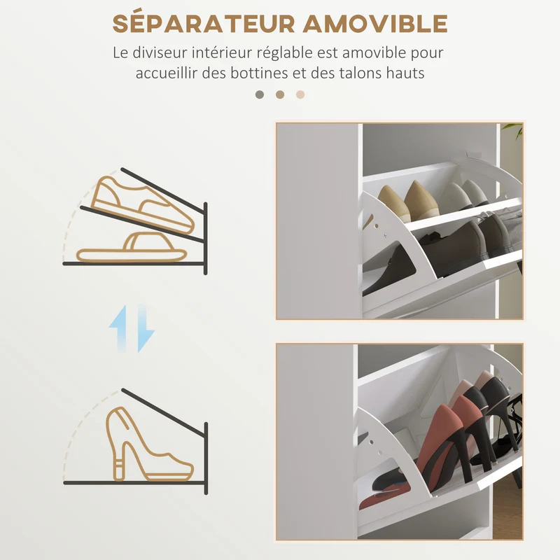 Meuble à chaussures entrée 54 x 24 x 117,5 cm 3 portes anti basculement gain de place épuré design moderne en MDF blanc 21_0002694