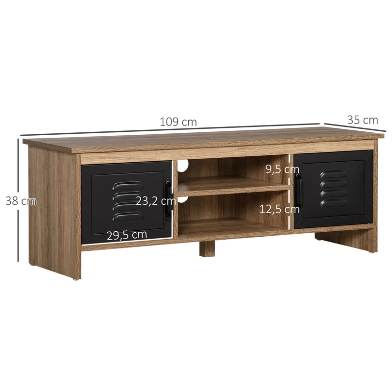 Meuble tv banc 109 x 35 x 38 cm rangement large passe-fils portes métal design industriel en panneau de particules brun 21_0003017