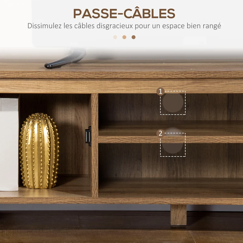 Meuble tv banc 109 x 35 x 38 cm rangement large passe-fils portes métal design industriel en panneau de particules brun 21_0003017