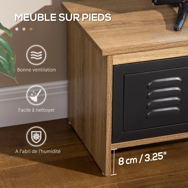 Meuble tv banc 109 x 35 x 38 cm rangement large passe-fils portes métal design industriel en panneau de particules brun 21_0003017