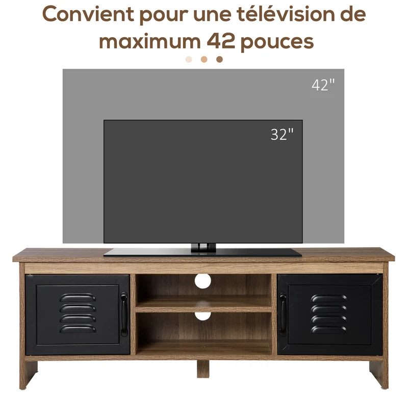 Meuble tv banc 109 x 35 x 38 cm rangement large passe-fils portes métal design industriel en panneau de particules brun 21_0003017