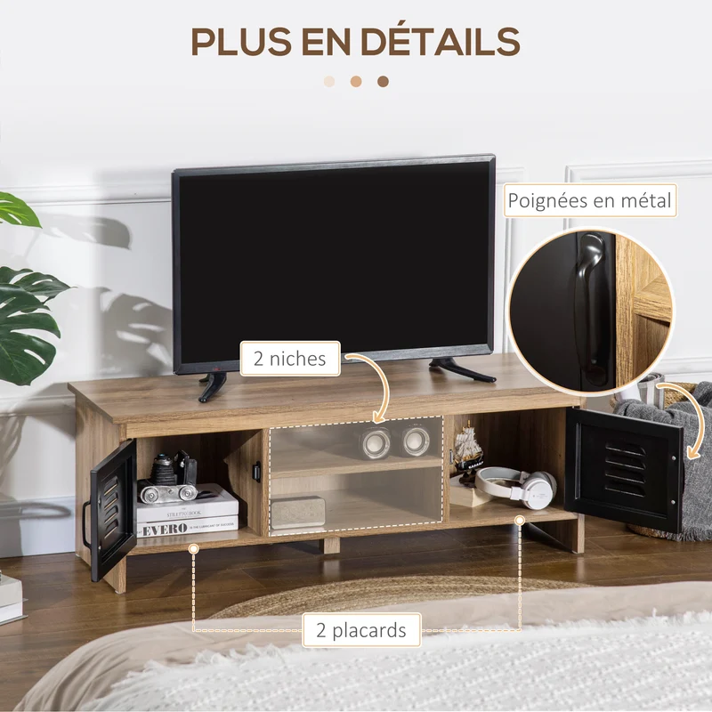 Meuble tv banc 109 x 35 x 38 cm rangement large passe-fils portes métal design industriel en panneau de particules brun 21_0003017