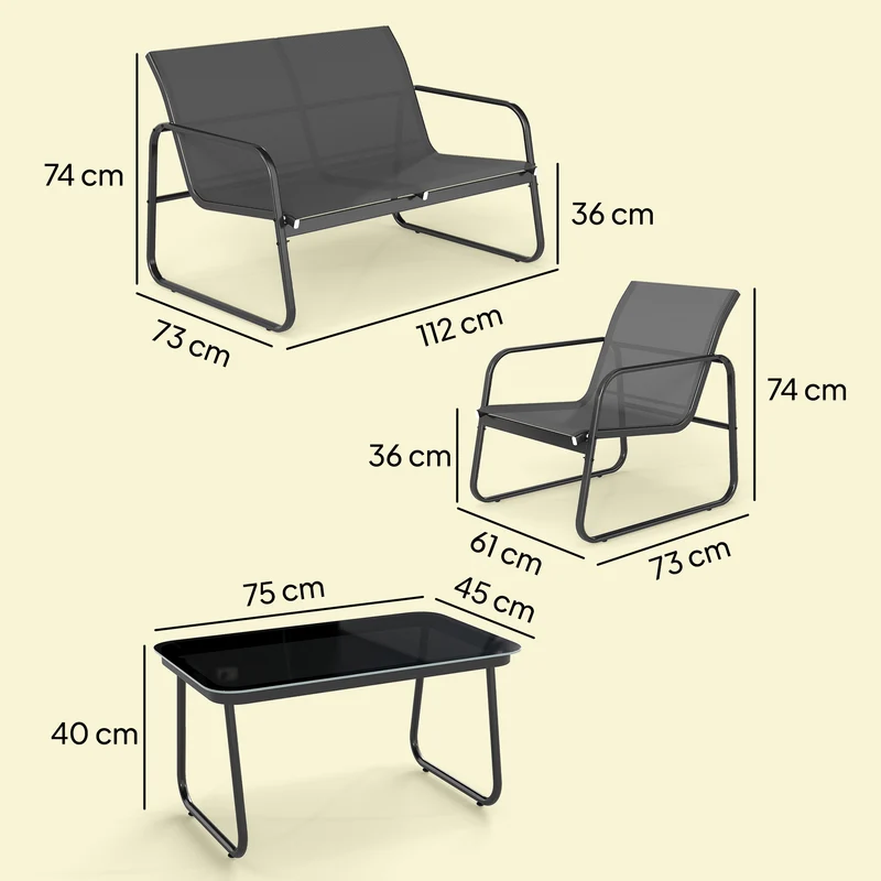 Lot de 4 salon de jardin canapé 112 x 73 x 74 cm assise respirante 550 g patins réglables moderne en acier gris foncé 21_0005376