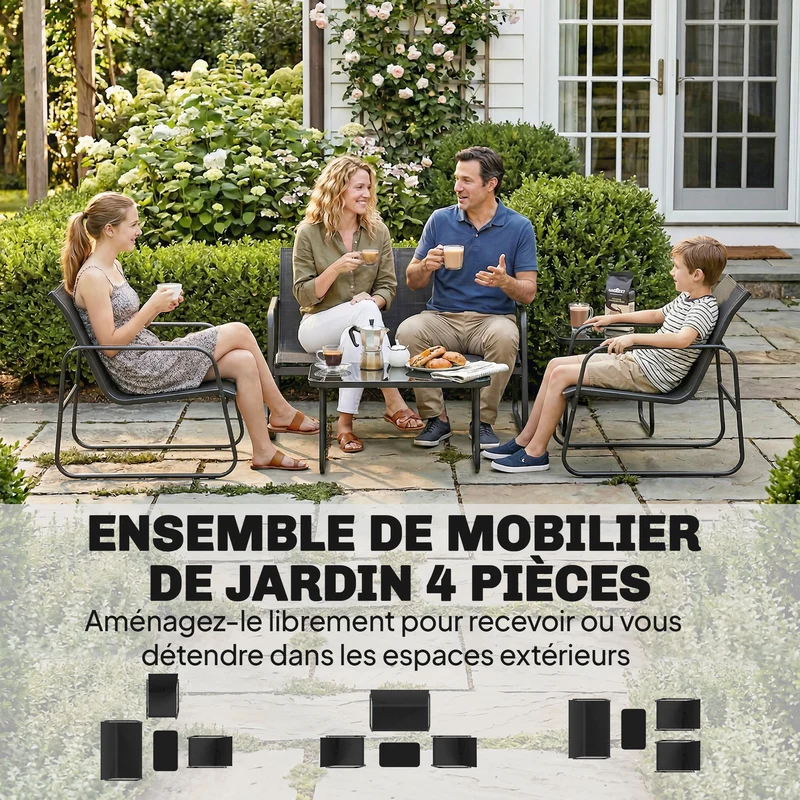 Lot de 4 salon de jardin canapé 112 x 73 x 74 cm assise respirante 550 g patins réglables moderne en acier gris foncé 21_0005376
