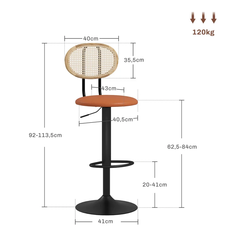 Lot de 2 tabourets de bar 40,5 x 52 x 92-113,5 cm hauteur réglable pivotant scandinave idéal cuisine en rotin marron 21_0003256