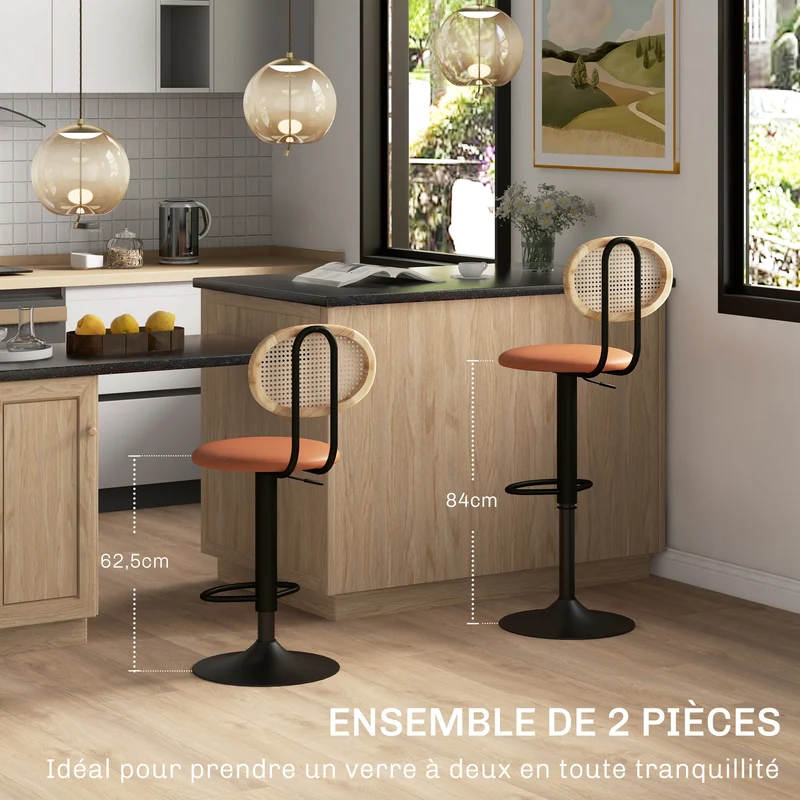 Lot de 2 tabourets de bar 40,5 x 52 x 92-113,5 cm hauteur réglable pivotant scandinave idéal cuisine en rotin marron 21_0003256