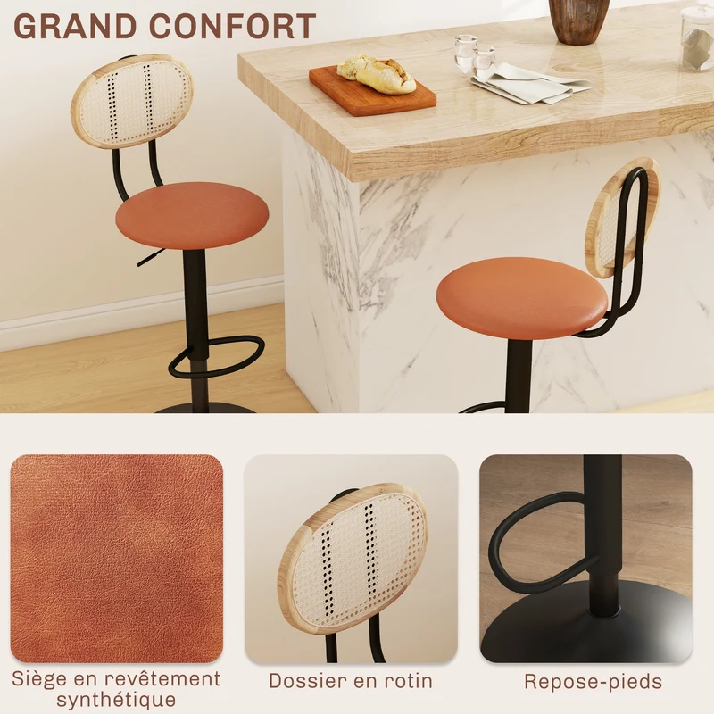 Lot de 2 tabourets de bar 40,5 x 52 x 92-113,5 cm hauteur réglable pivotant scandinave idéal cuisine en rotin marron 21_0003256