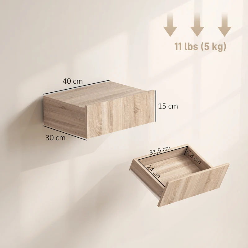 Lot de 2 tables de chevet murales 40 x 30 x 15 cm tiroir coulissant gain de place moderne en panneau de particules chêne 21_0001503