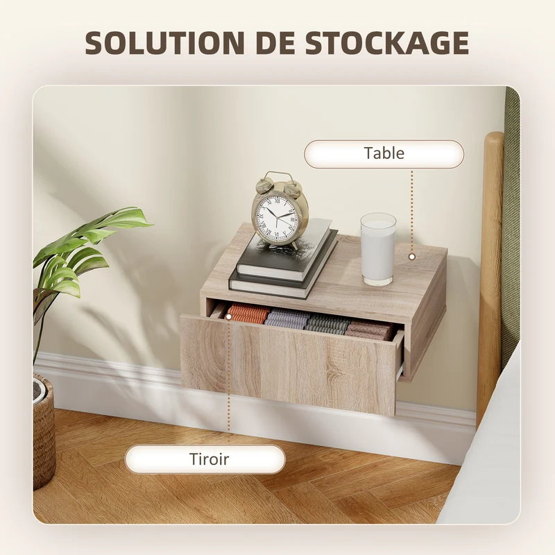 Lot de 2 tables de chevet murales 40 x 30 x 15 cm tiroir coulissant gain de place moderne en panneau de particules chêne 21_0001503
