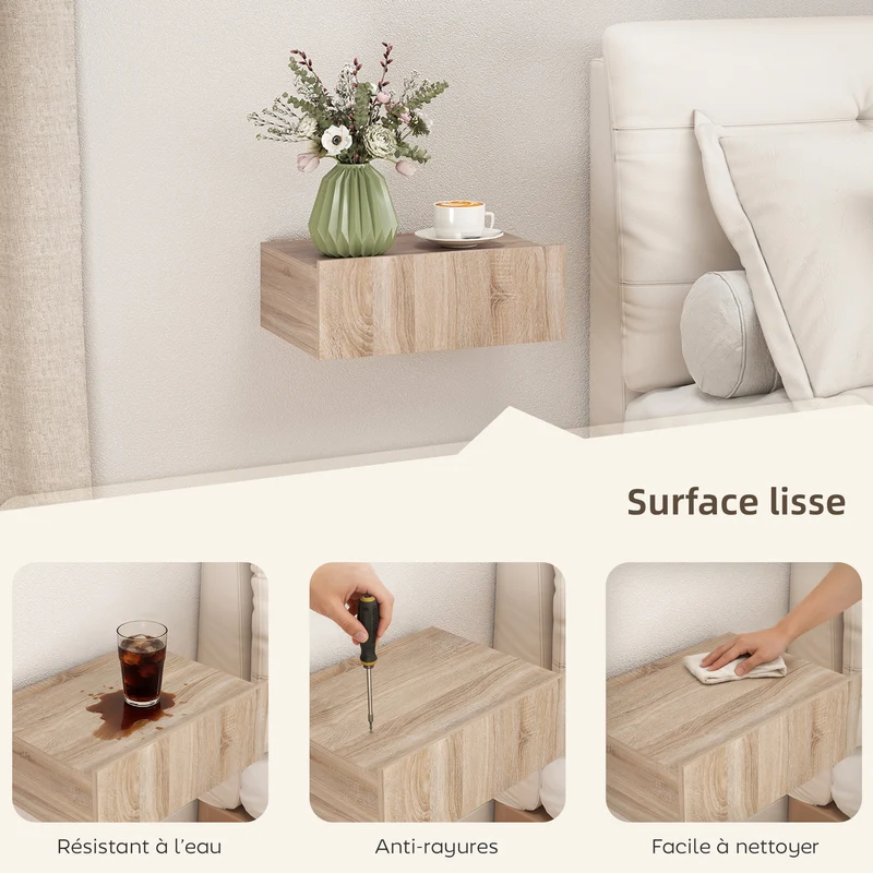 Lot de 2 tables de chevet murales 40 x 30 x 15 cm tiroir coulissant gain de place moderne en panneau de particules chêne 21_0001503