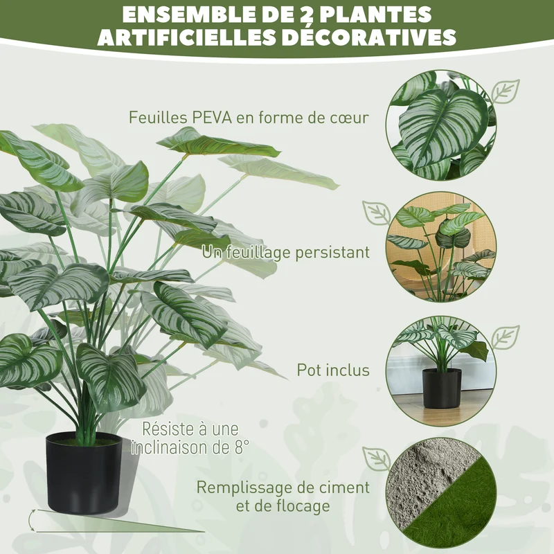 Lot de 2 plantes artificielles intérieures arbre 65 x 12,5 x 12,5 cm sans entretien pot lesté moderne en plastique vert 21_0001391