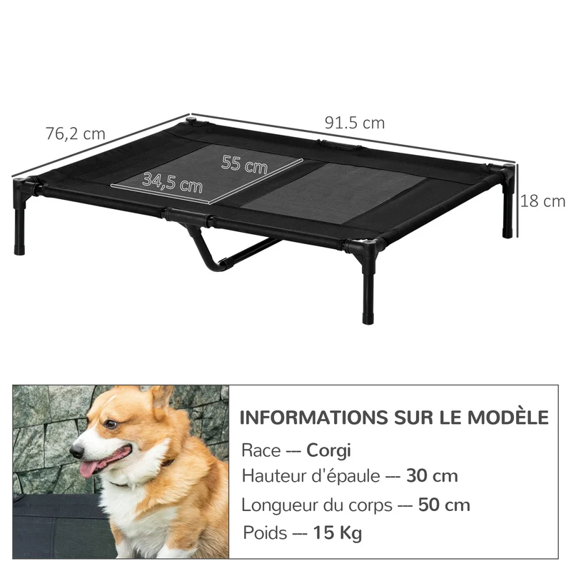 Lot de 2 lits sur pieds pour chien et chat 92 x 76 x 18 cm ventilation optimale confort moderne épuré en textilène noir 21_0007379