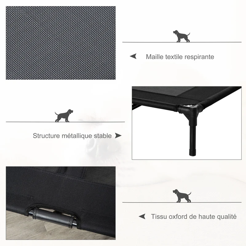 Lot de 2 lits sur pieds pour chien et chat 92 x 76 x 18 cm ventilation optimale confort moderne épuré en textilène noir 21_0007379